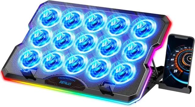 Gaming Laptop Cooling Pad with 15 Quiet Fans, 12-17.3 Inch, Adjustable Height, 2 USB Ports, Phone Stand
