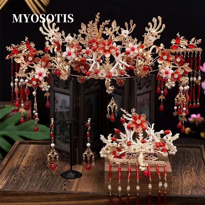 

New Original Xiuhe Headwear Hanfu Ancient Style Bridal Hair Crown Hairpin Tassel Step Shake Phoenix Wedding Headpiece Accessory