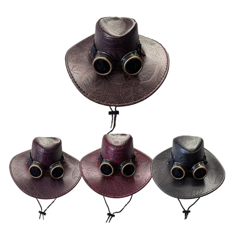 

Steampunk Cowboy PU Hat for Adult with Goggles Vintage Victorian Steampunk Costume Cap Women Men Halloween Party Props