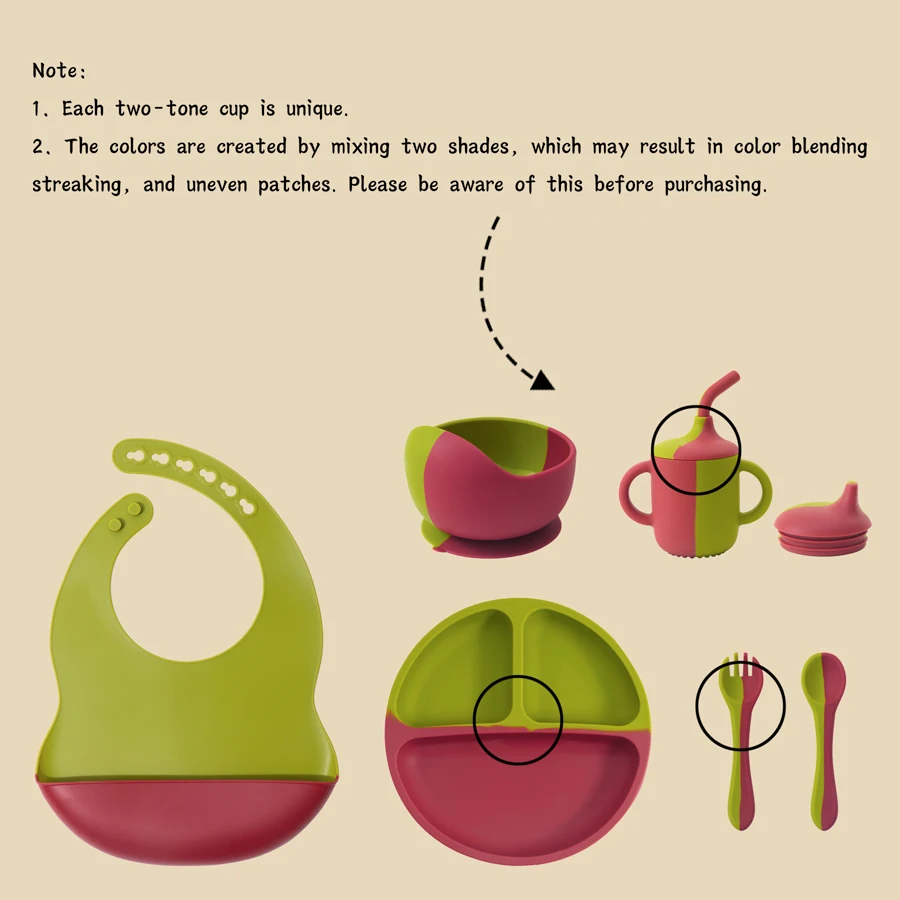 Color Kids 6PCS Silicone Baby Feeding Set Sucker Bowl Dinning Plate Straw Cup Spoon Fork Toddler Dishes Bib Children's Tableware 6
