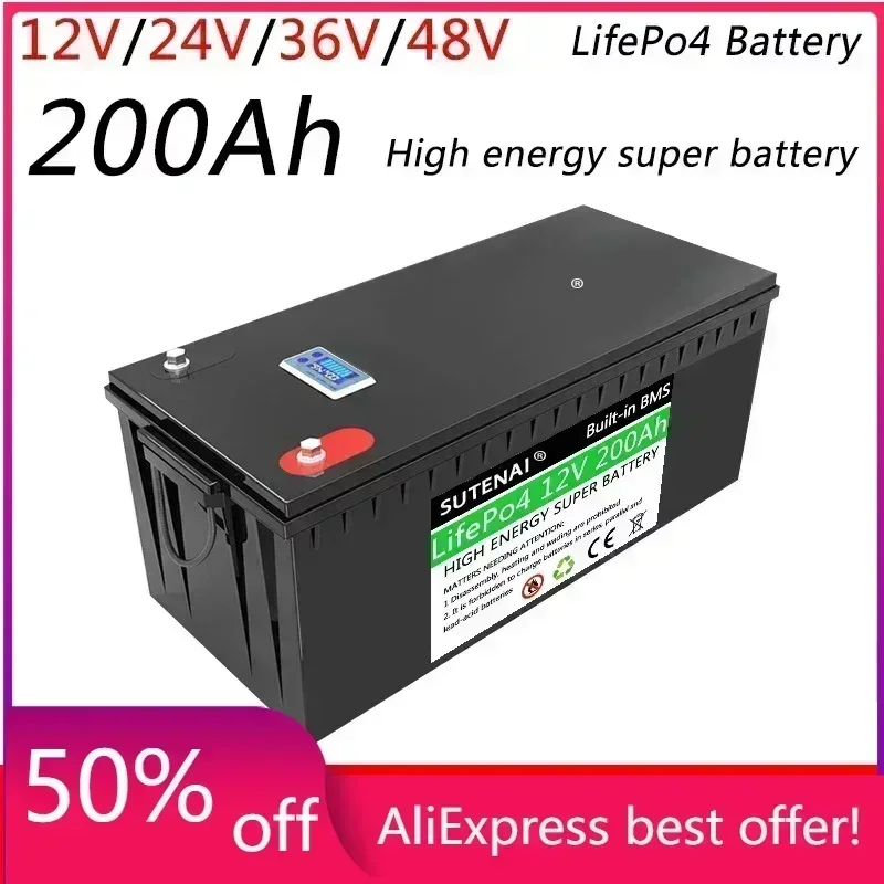 

12V 24V 36V 48V 200AH LiFePO4 Battery Built-in BMS for Solar Power System RV Campers Golf Cart Off-road Solar Deep Cycle