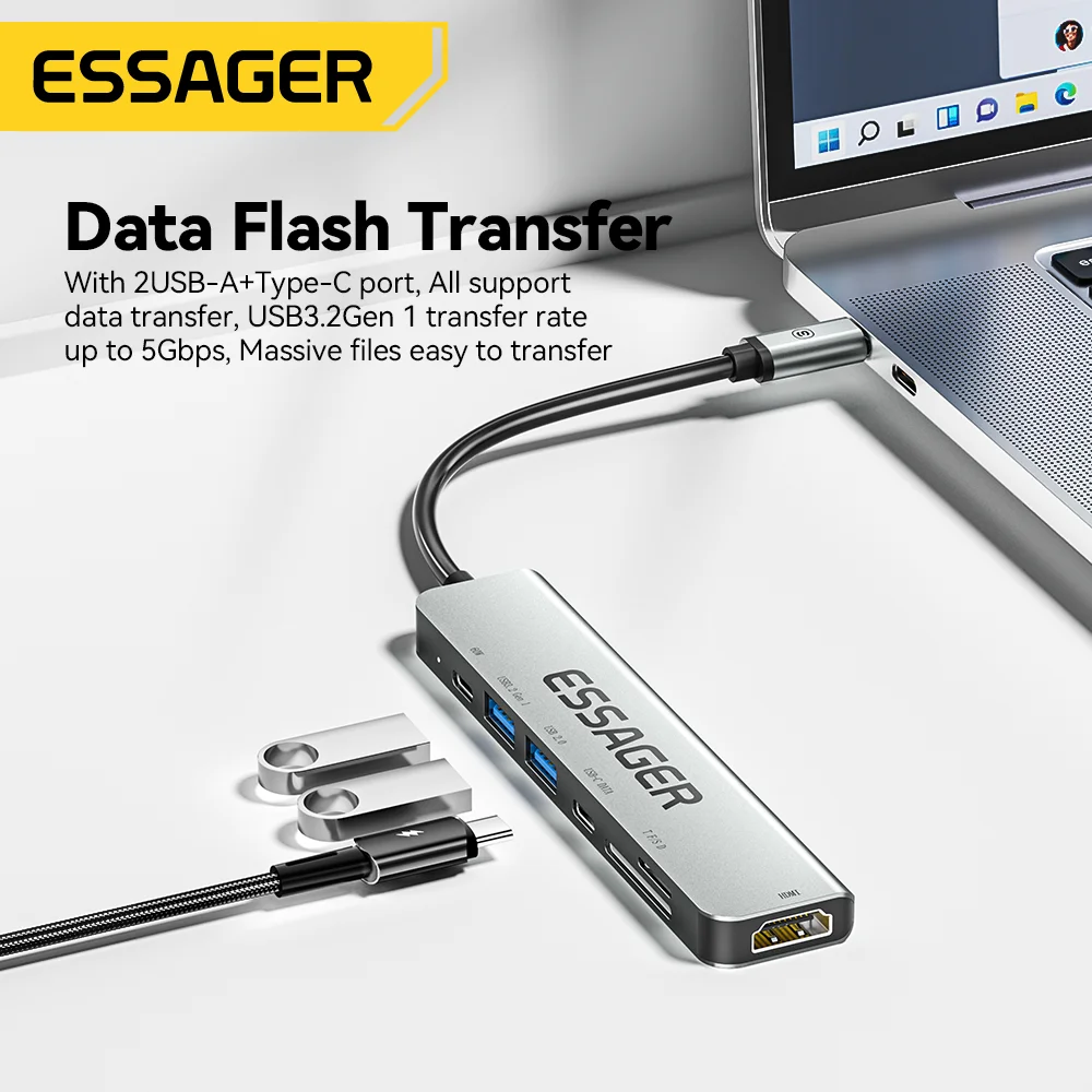 Essager em Usb tipo c Hub Pd60w Rápido Carregamento Splitter Laptop Hdmi Divisor de Alta Velocidade 5gbps para pc Usb 3.2 Gen1 2.0 Portas - Imagem 2