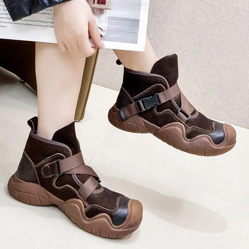

3.5cm Natural Genuine Leather British Spring Authentic Platform Women Ankle Booties Wedge Fashion Retro Autumn Designer Shoes