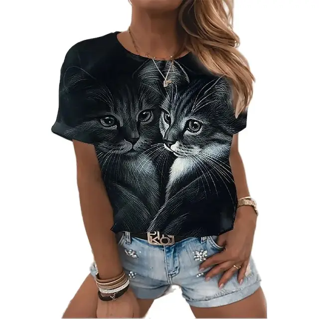 T shirt pour femme blouse la mode imprim chats 3d noir Kawaii v tements f minins