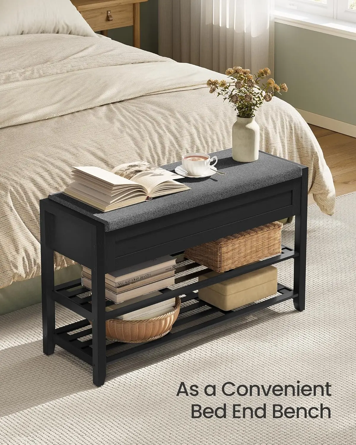 Storage Bench, Bamboo Shoe Rack, Entryway Furniture, 31.5 Inches Wide, Hidden Storage Compartments, 2-Tier Shoe Shelves