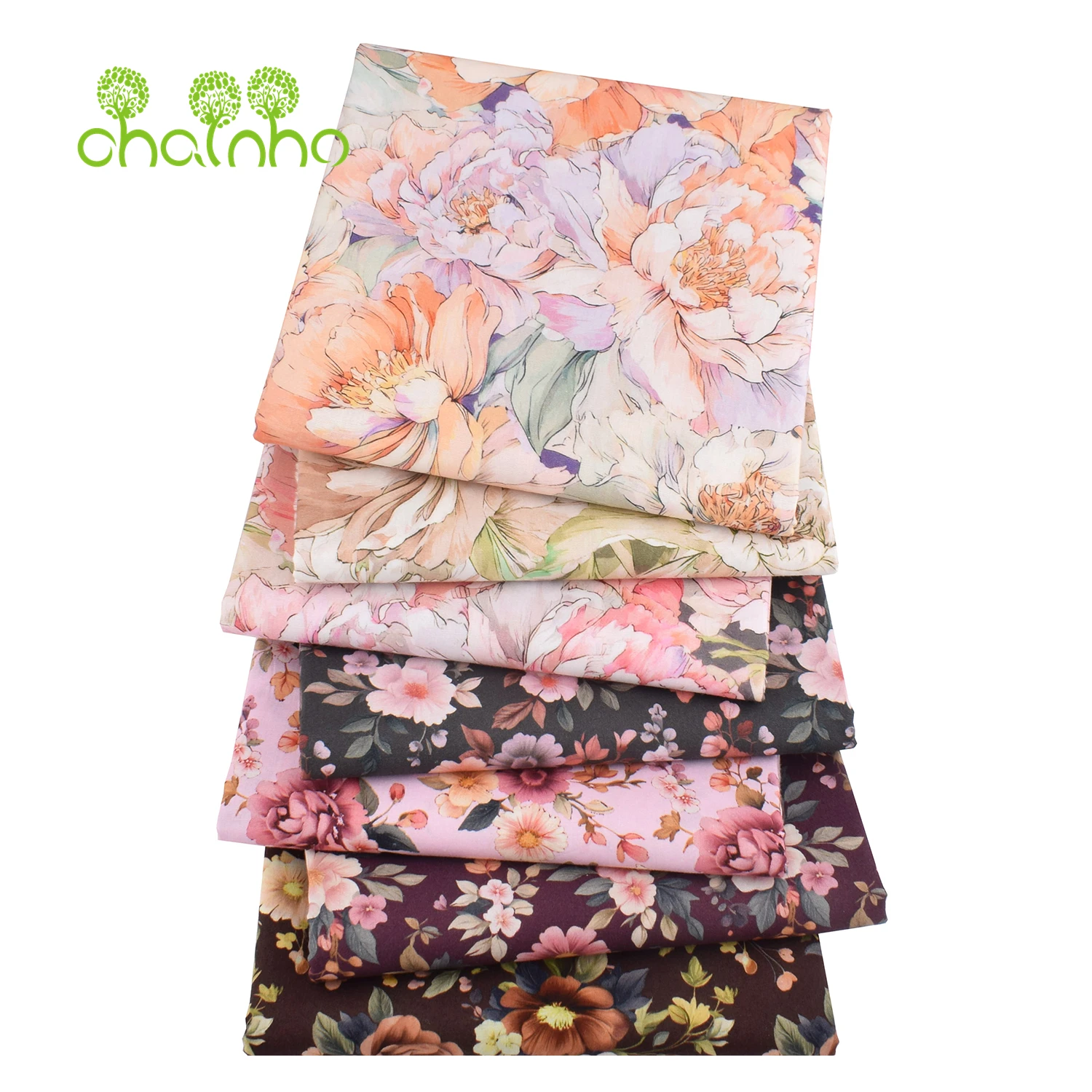 Chainho,Printed Plain Weave Poplin Cotton Fabric,DIY Quilting Sewing Material,Patchwork Cloth,Floral Series,2 Sizes,15PC234