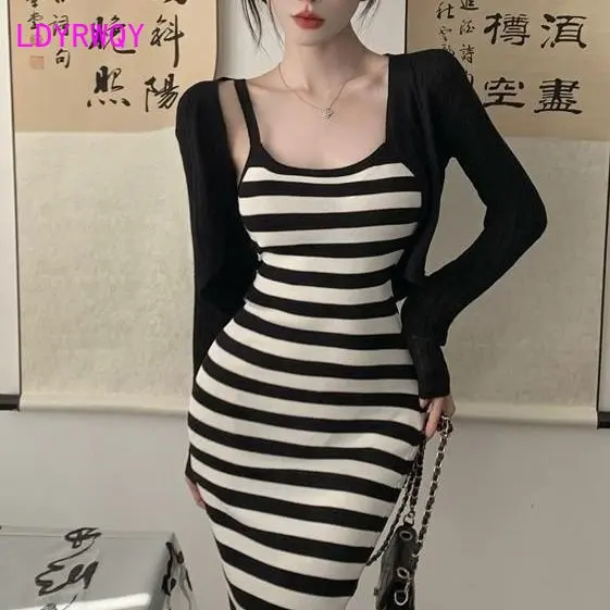 Striped knit suspender dress suit female sexy short slim long sleeve cardigan hip skirt two-piece suit