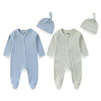 2-Set Newborn Unisex Clothing Set Solid Color Baby Rompers+Hats Soft Cotton Jumpsuits Caps Four Seasons Infant Boy Girl Outfits