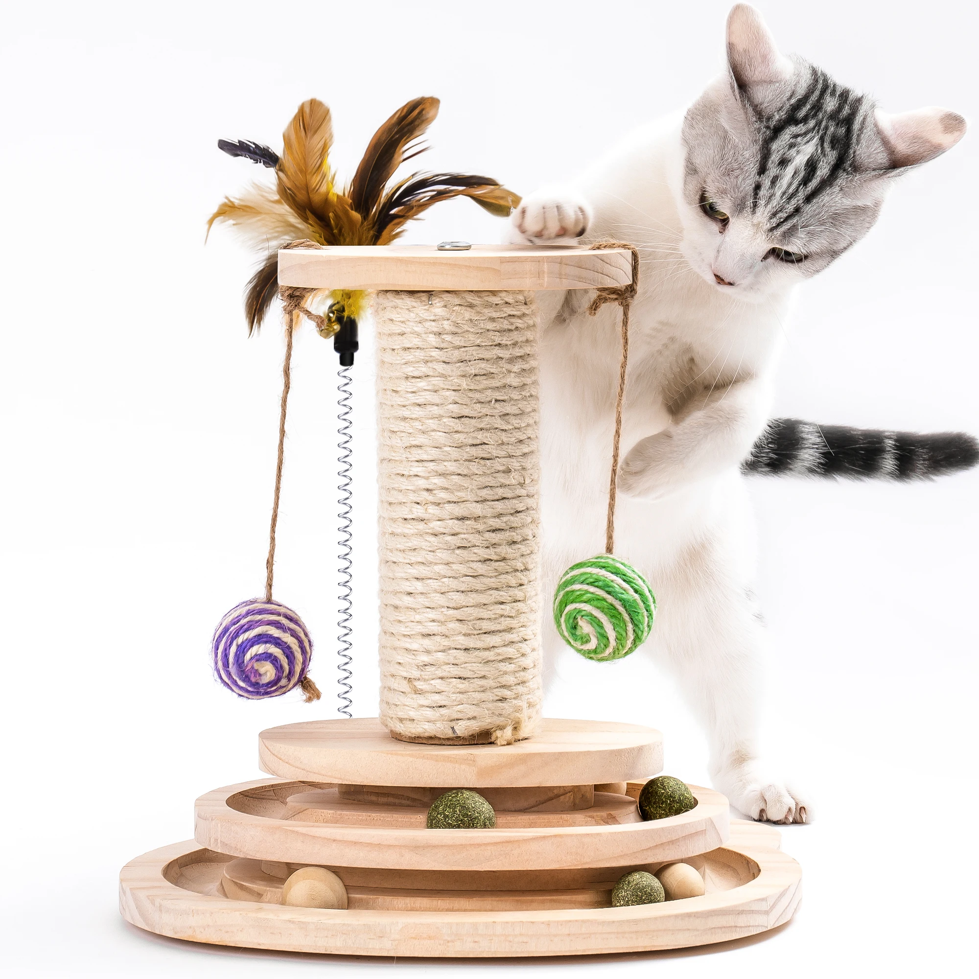 Mewoofun Cat Scratcher Pole Two-Layer Tier Track Ball and Two Sisal Balls Fun Interactive Cat Toy with Feather Bell WP037 7