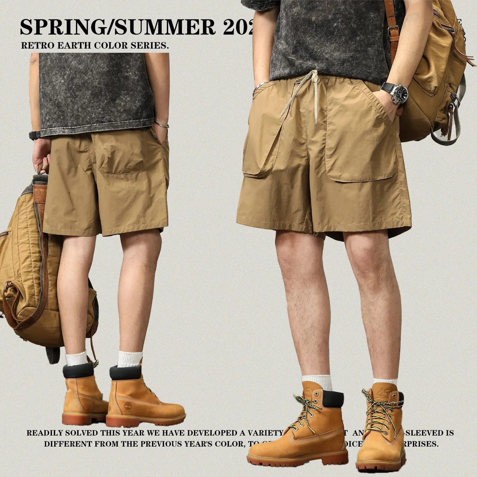 

2023 Summer men's vintage cargo shorts Loose stylish men's shorts Large pocket drawstring Breathable casual loose sports shorts