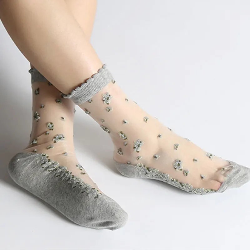 Womens Socks 1 Pair Summer Breathable Ultra Thin Transparent Lace Silk Crystal Rose Flower Girls Elastic Short Socks
