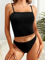 Sexy Solid Ribbed Vest Bikini Set Cover Belly Swimwear WoSwimsuit Bikini Bathers Bathing Suits Summer Beach Wear