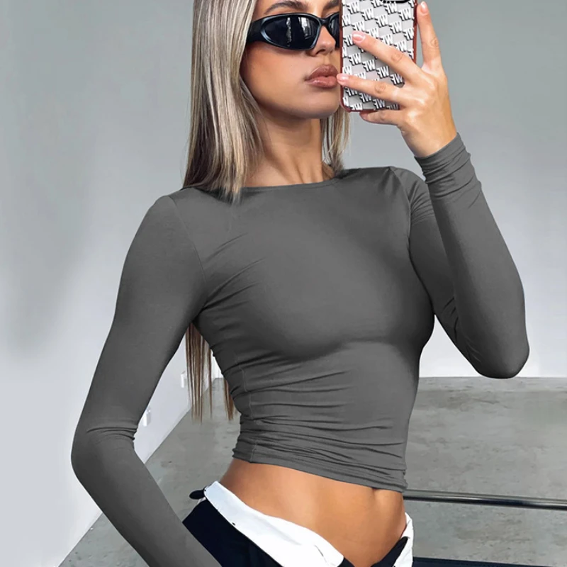 

2023 New Sexy O Neck Long Sleeve Slim T Shirts for Women Y2K Casual Skinny Basic Bottoming Shirt Fashion Streetwear Solid Tops