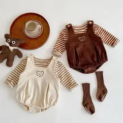 2022 New Baby Embroidery Bear Overalls + Striped T Shirt 2pcs Clothes Set Cotton Girl Outfits Kids Cartoon Jumpsuit Set Boy Suit