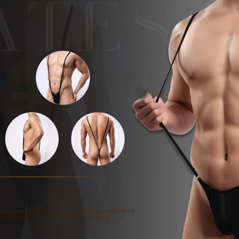 Men's Sexy Jumpsuit Strap Adjustable One-piece Thong T-pants U Convex Pocket Design Elastic Underwear Gay Porn Erotic Bodysuit