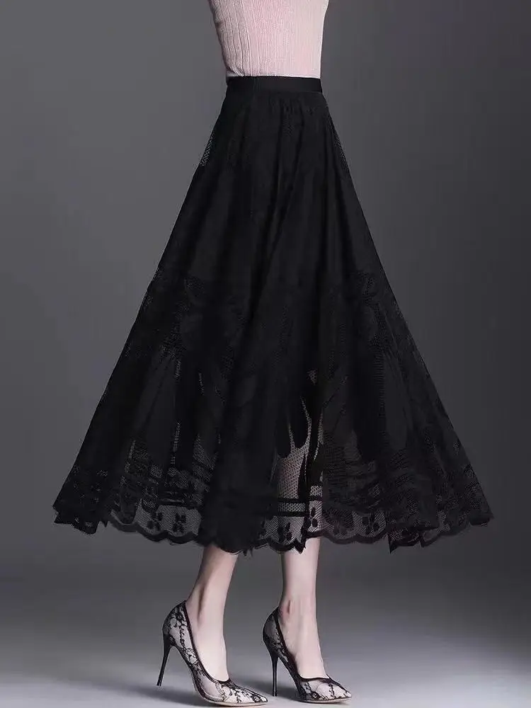 Plus Size Women Lace Skirt Women Niche Autumn New Mid-length Skirt with Large Hem Mesh and Empty Elegant Pleated Vintage Skirt 2