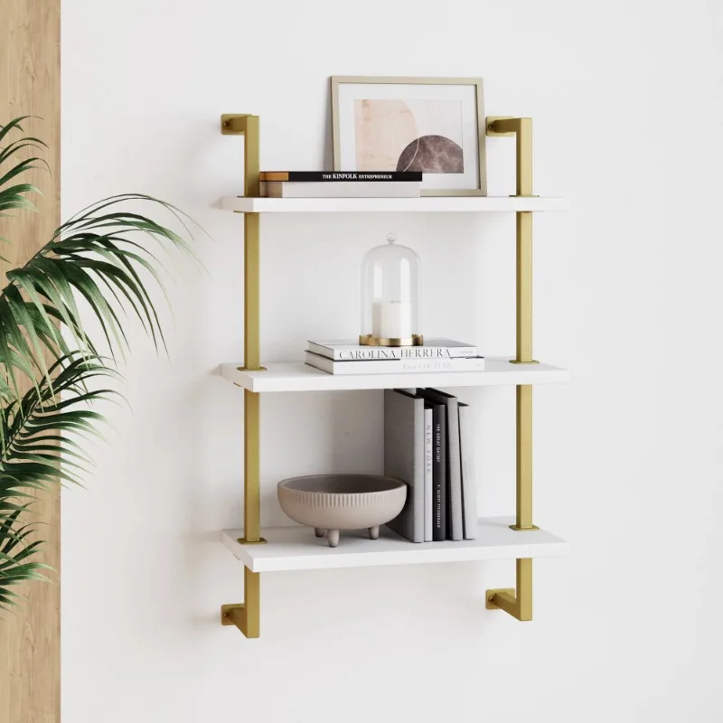

Theo 3-Shelf Bookcase Floating Wall Mount White Wood with Gold Brass Metal Frame