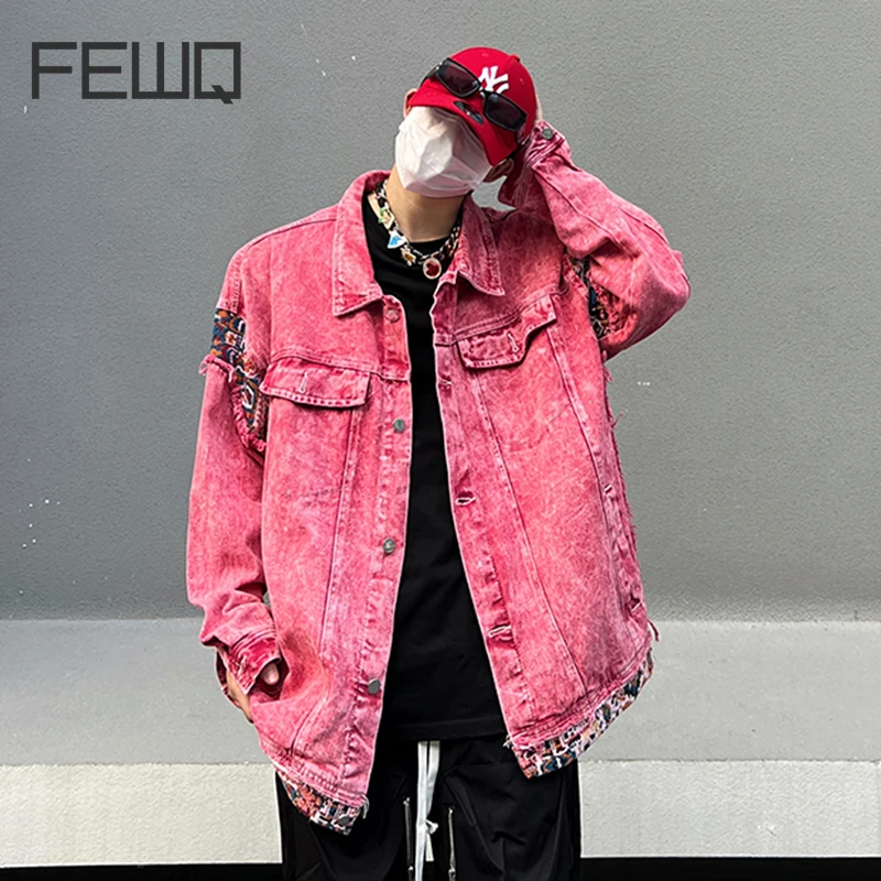 

Куртка FEWQ Мужская джинсовая в стиле пэчворк, повседневная куртка для пар, винтажные Топы контрастных цветов, темная одежда, 24X1531, 2023