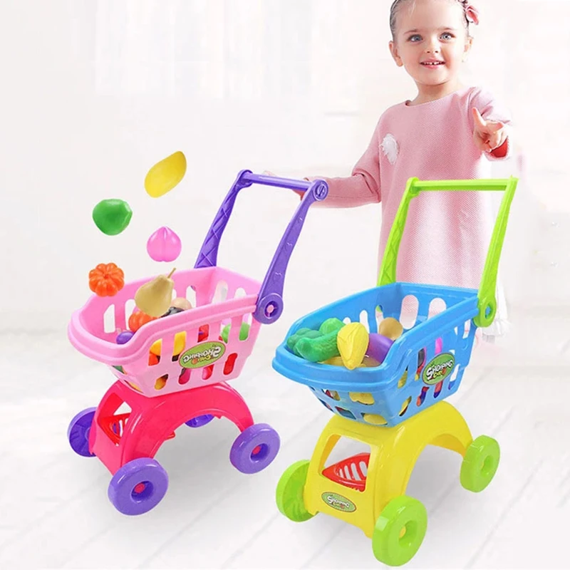 

Children Supermarket Shopping Trolley Cart Push Car Toys Pretend Play Set Educational Toys For Girls Simulation Food Fruit Baby