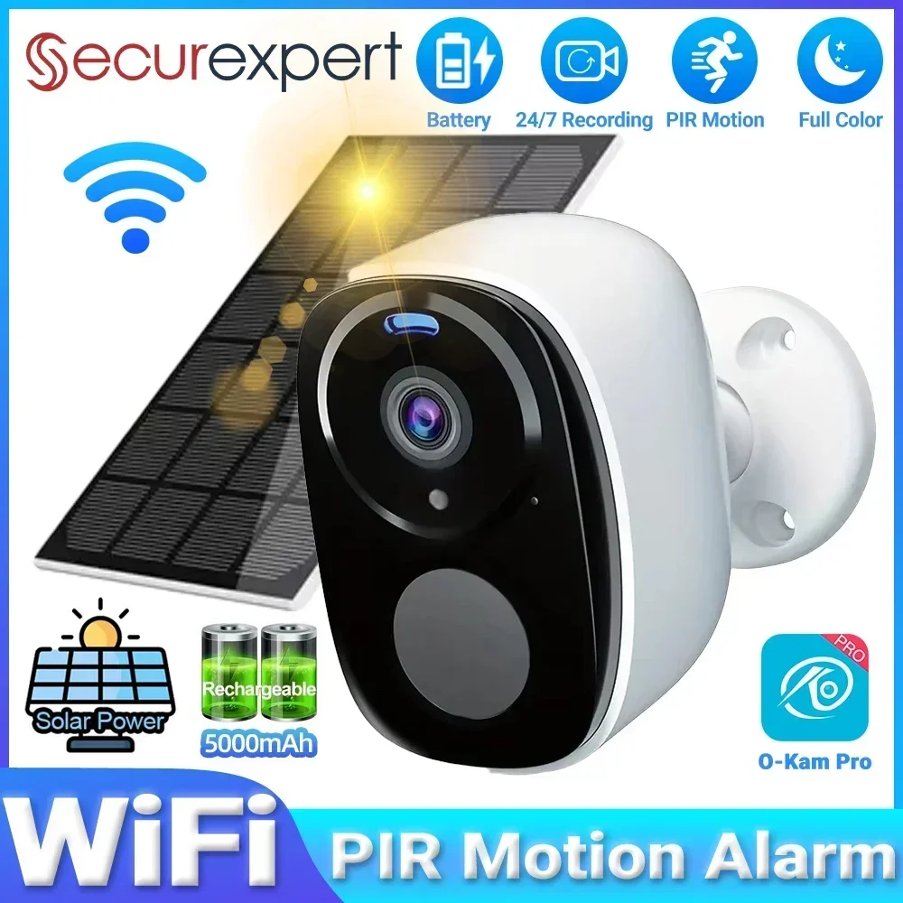 2K 5MP Solar Security Camera Wireless Outdoor Color Night Vision Battery Powered Support 2.4G WiFi, PIR, Waterproof, 2-Way Alexa 1