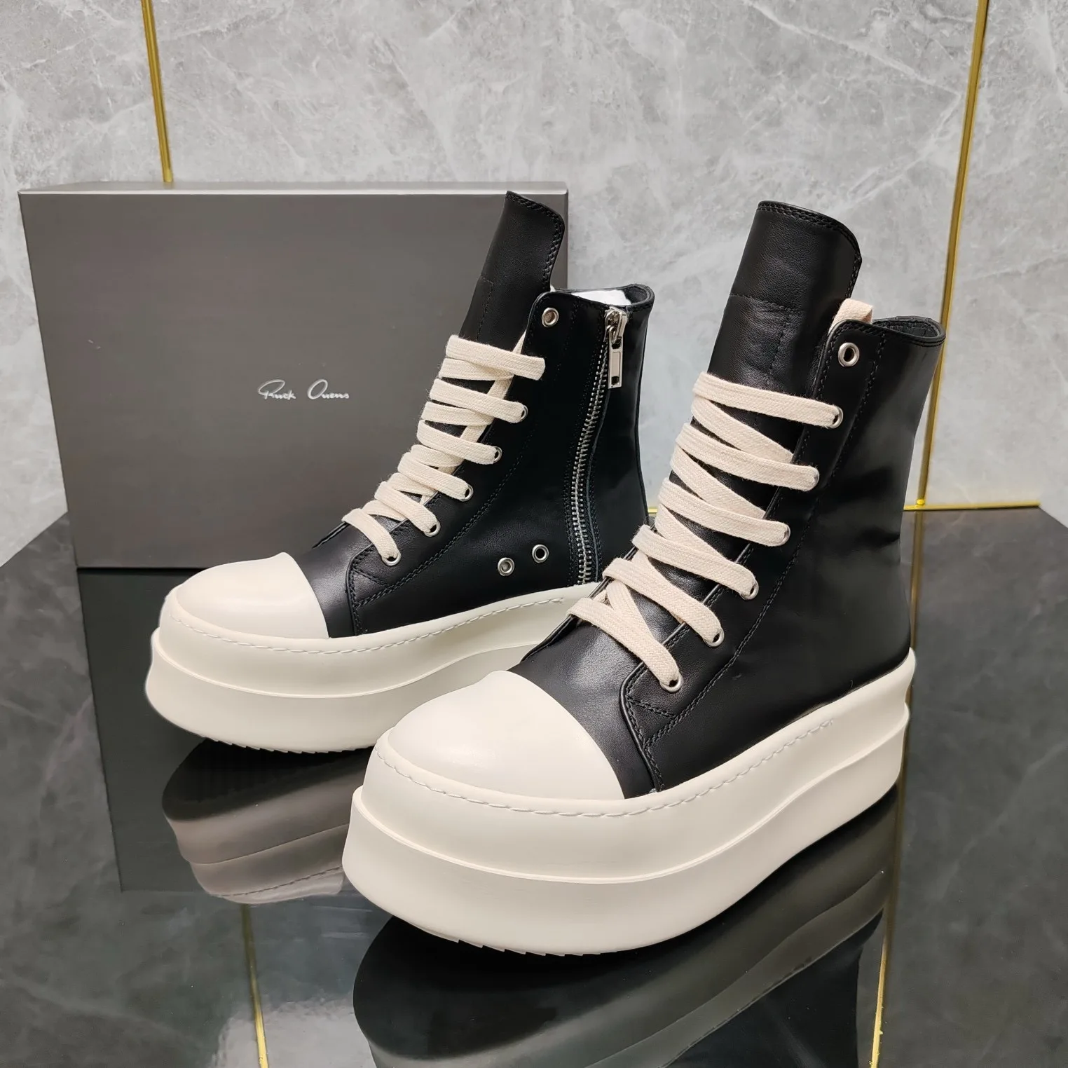 Ricks shoes niche shoes black zipper high-top Joker casual increase leather thick soleplate shoes