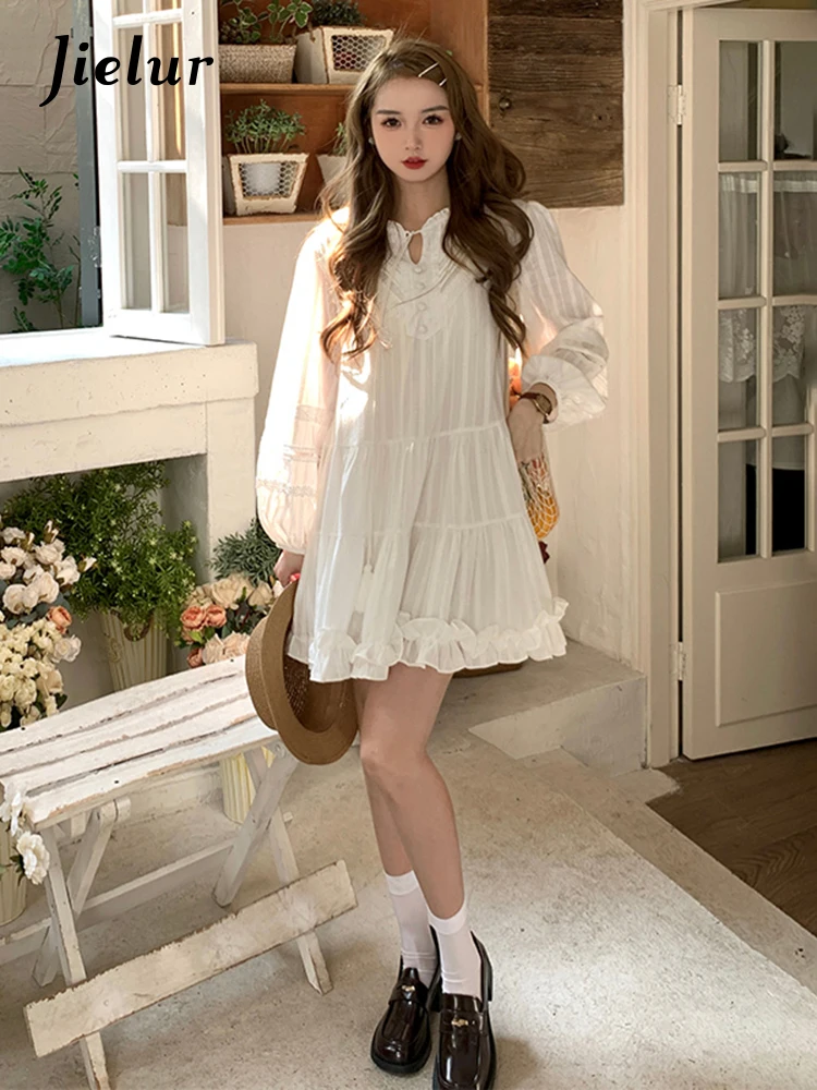 

Jielur White Ruffles Bow Lantern Sleeve Sweet Women's Dresses French Style Lace-up Loose Half Open Collar Knee-length Chic Dress