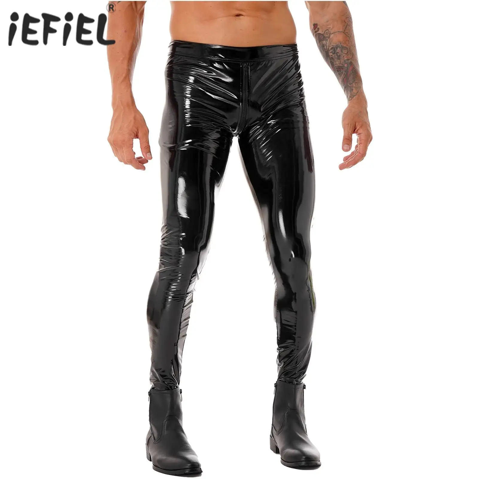 Men Black Patent Leather Skinny Trousers
