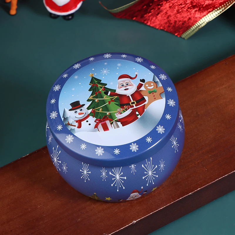 1PC Christmas Round Tinplate Candy Tin Can with Lid Empty Candle Jar Cookie Storage Container Festive Home Party Gift Case