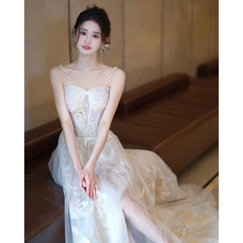 

Women Spaghetti Strap Evening Dresses Backless Long A Line Tulle Formal Party Prom Gowns