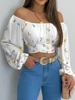 Women Sexy Off Shoulder Blouse Chic and Elegant Printing Lantern Long Sleeve Lace Up Bow Cropped Tops Casual Slim Shirts 2024 4