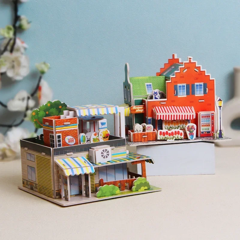 3D Exquisite Paper Puzzles Children's Handmade DIY Toys IceCream French-Hotel Flower-shop Supermarket  WL 2