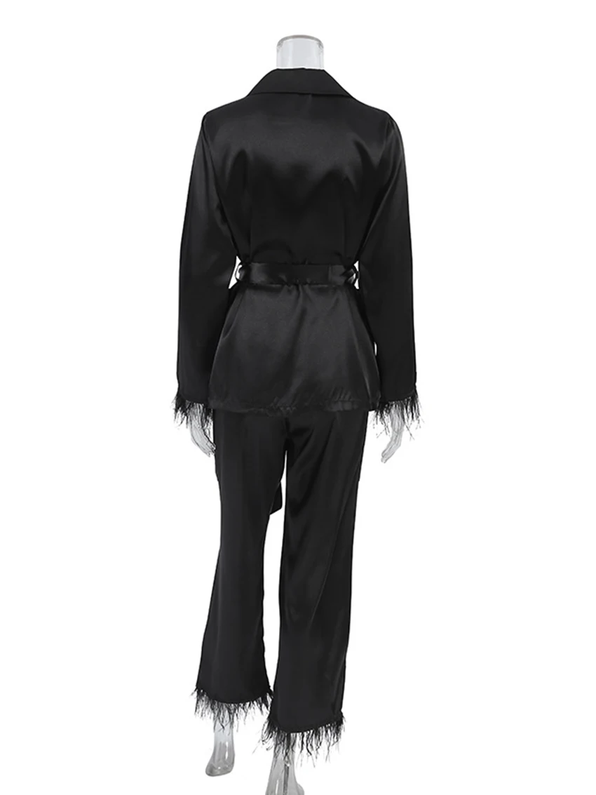 Marthaqiqi Feathers Ladies Nightwear Set Long Sleeve Nightgowns Sexy Turn-Down Collar Sleepwear Pants Fashion Female Pajama Suit