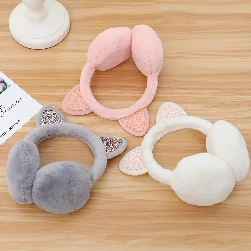 Lovely Women Girl Fur Winter Ear Warmer Cute Earmuffs Cat Ear Muffs Glitter Sequin Earflaps Soft Plush Headphones Warm Headband
