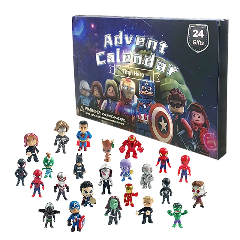 Avengers Anime Figures Marvel Calendario Dell'Avvento Cartoon Figure Spider-Man Iron Man Hulk Kawaii Present Kids Christmas Gift Box Toy