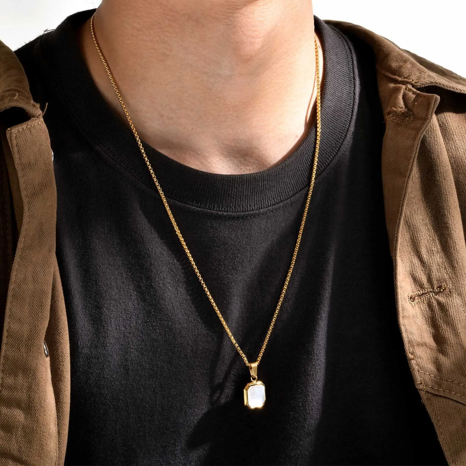 Stylish Stainless Steel Shell Necklace for Men,Hypoallergenic Waterproof Square Pendant,Male Collar Gift for Him