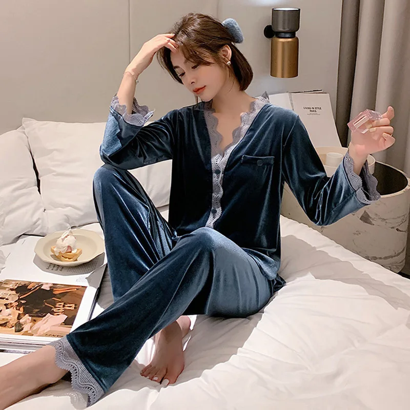 여성용 긴팔 가디건 세트, 벨벳 새틴 나이트 드레스, 브이넥 소프트 란제리 잠옷, 여성 의류, 겨울 잠옷, 신상