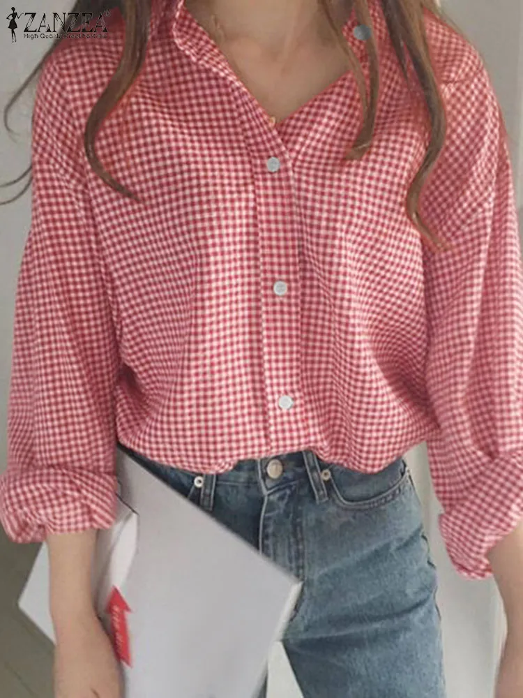 

Fashion 2024 Spring Lapel Blouses ZANZEA Women Checked Shirts Casual Loose Long Sleeve Tops Tunics Vintage Drop Shoulder Blusas