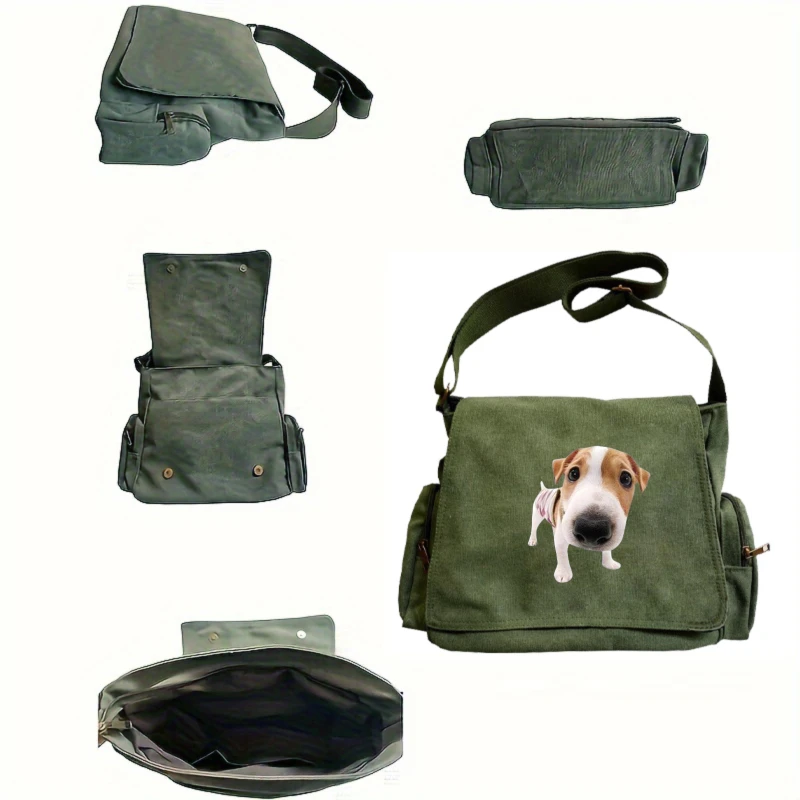 Playful Dog Print Women's Shoulder Bag Army Green Canvas Tote Crossbody Bag Students Book Bag Messenger Bag Unisex Commuting