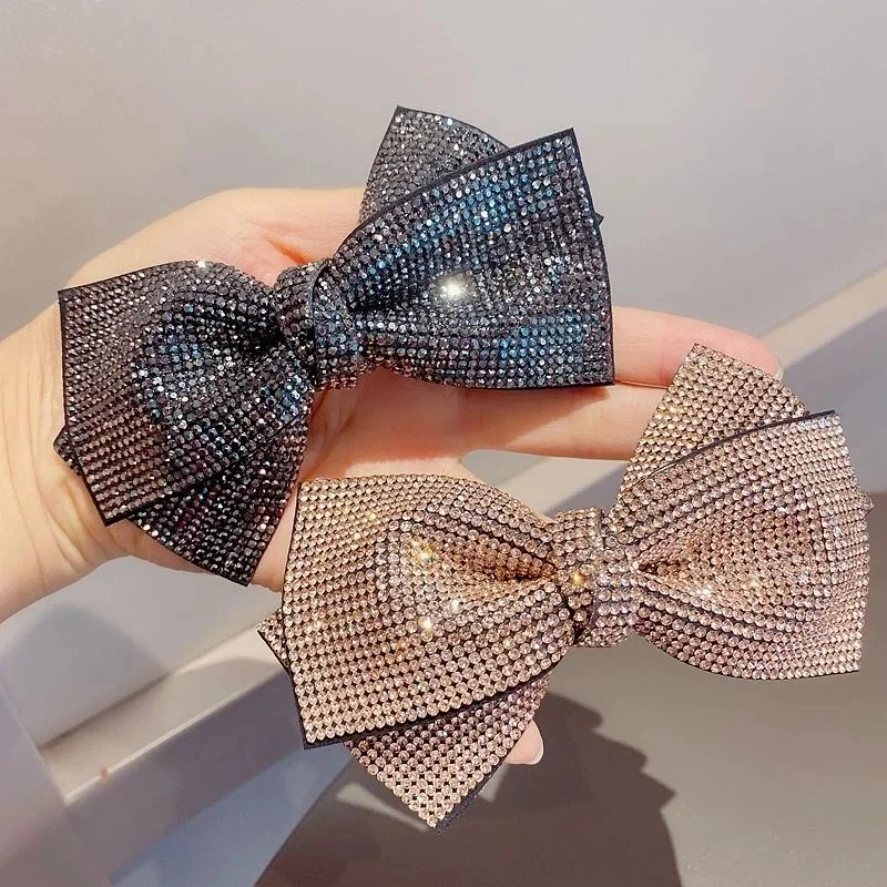 

Shiny Rhinestone Double Layered Bow Hair Clip with Spring Clip Women Elegant Sexy Luxury Headwear Fashionable Hairs Accessories