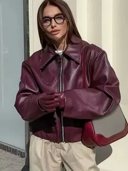 HH الشارع بولي Leather سترة نسائية جلدية خمر موضة سستة كم طويل معطف الإناث 2024 الخريف بدوره إلى أسفل طوق سيدة أبلى 3