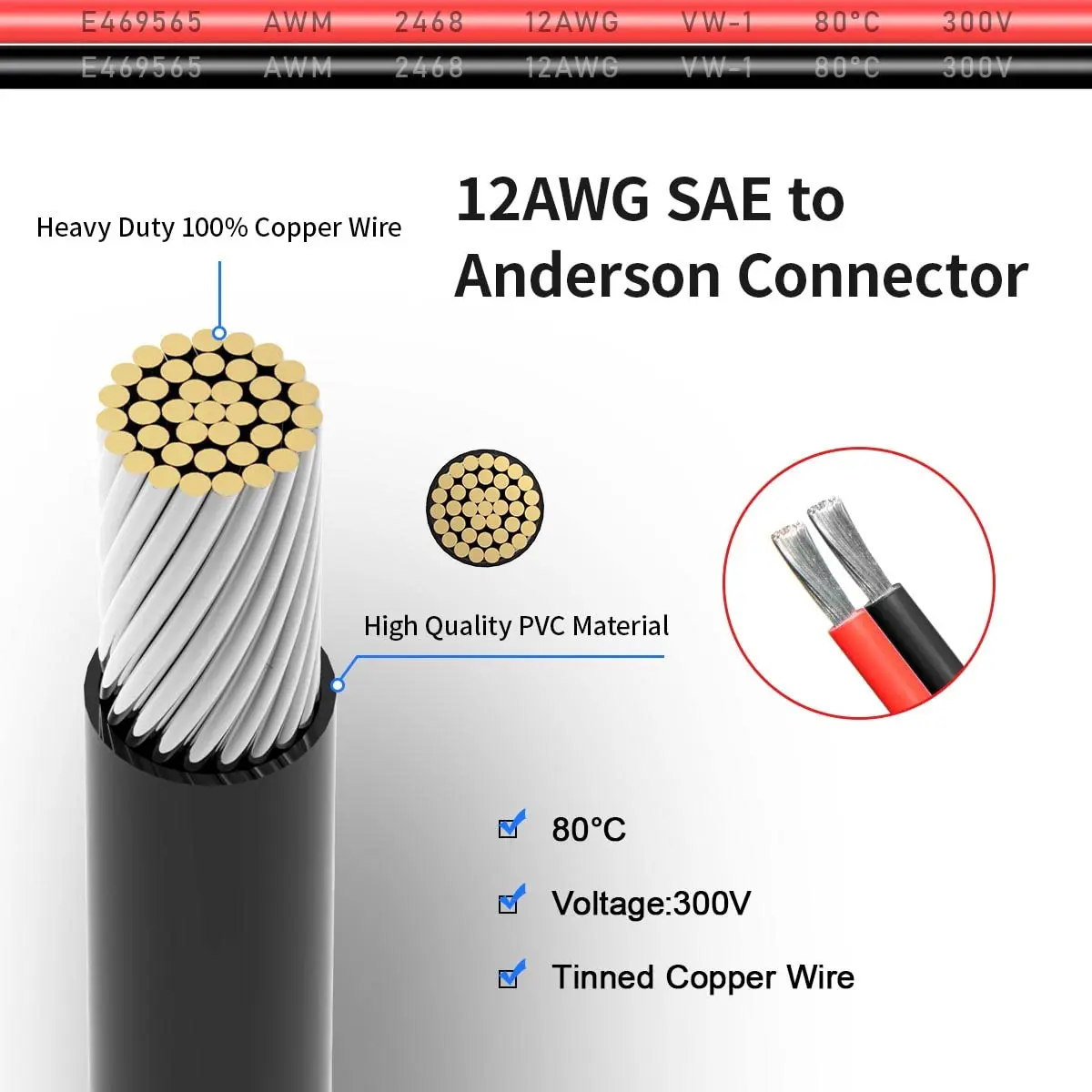12AWG 앤더슨 커넥터 - SAE 연장 케이블(휴대용 발전소 태양광 패널용 SAE 극성 역전 어댑터 포함)(2피트)