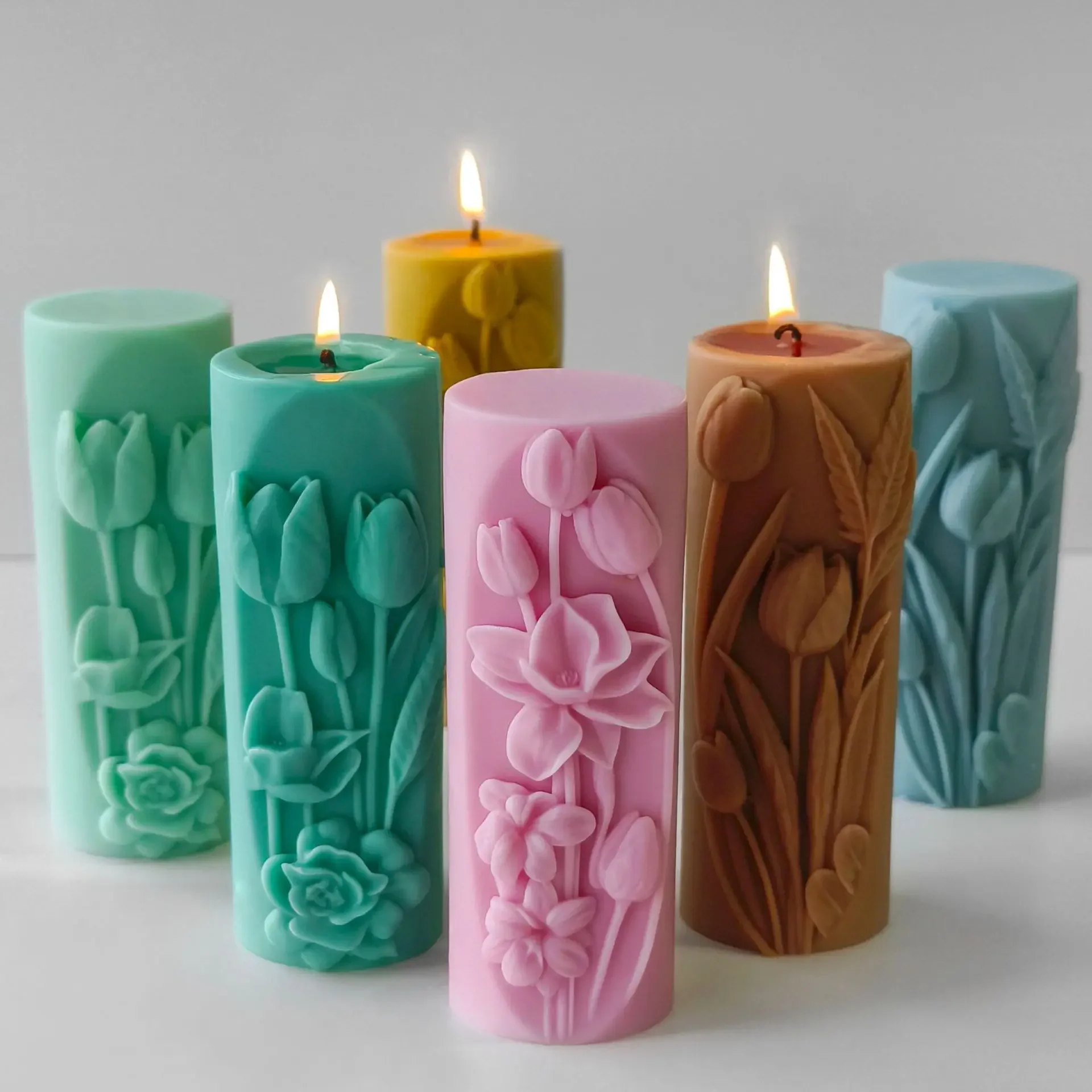 Tulip Flower Cylinder Candle Silicone Mold Valentine Decor DIY Handmade Candle Aromatherapy Plaster Ornament Mold