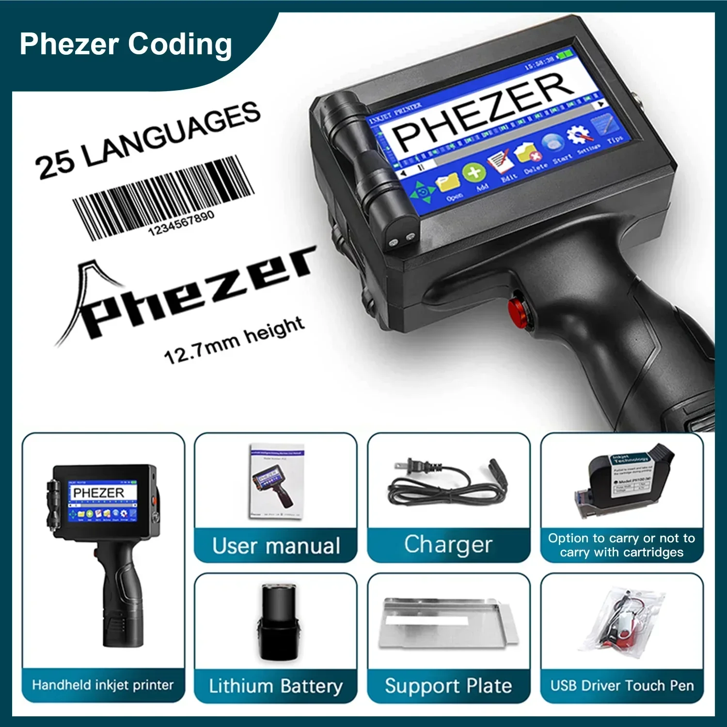 Phezer P15 12.7mm Label Printer QR Bar Batch Code Date Number Logo Expiry Date Handheld Inkjet Printer 25 Languages Portable