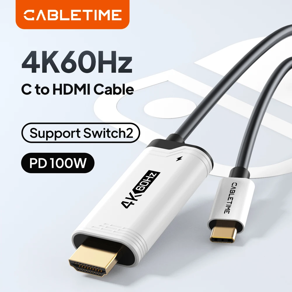 CABLETIME 4K60Hz USB C-HDMI 케이블 PD 100W 타입 C-HDMI 케이블 어댑터, 닌텐도 스위치 2 OLED, PS4/5 호환