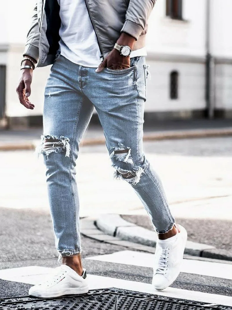 Men new trousers casual hole ruined casual jeans classic denim youth jogging pants ripped pencil jeans slim fit branded jeans for men