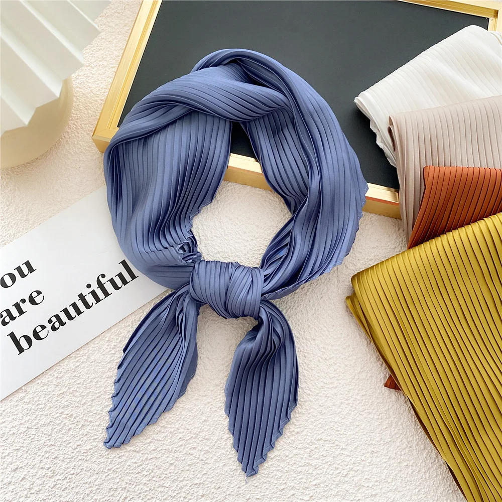 S204334a3ccbc4508bc5ff0fb2e579b0ao Square Scarf Silk Pleated Neck Scarves Headscarf Small Scarves Solid Color Crinkled Hair Scarf Satin Neckerchief 70cm Soft Decor Mallzona