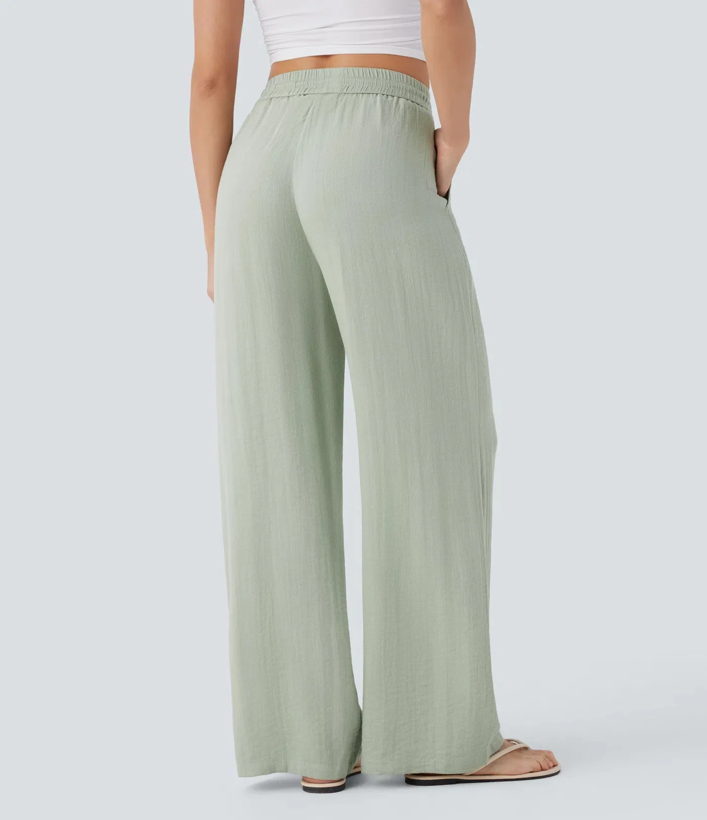 Pant women 2026 casual high-waisted drawstring side pocket casual linen pants flowing wide-leg beach pants elastic tightness