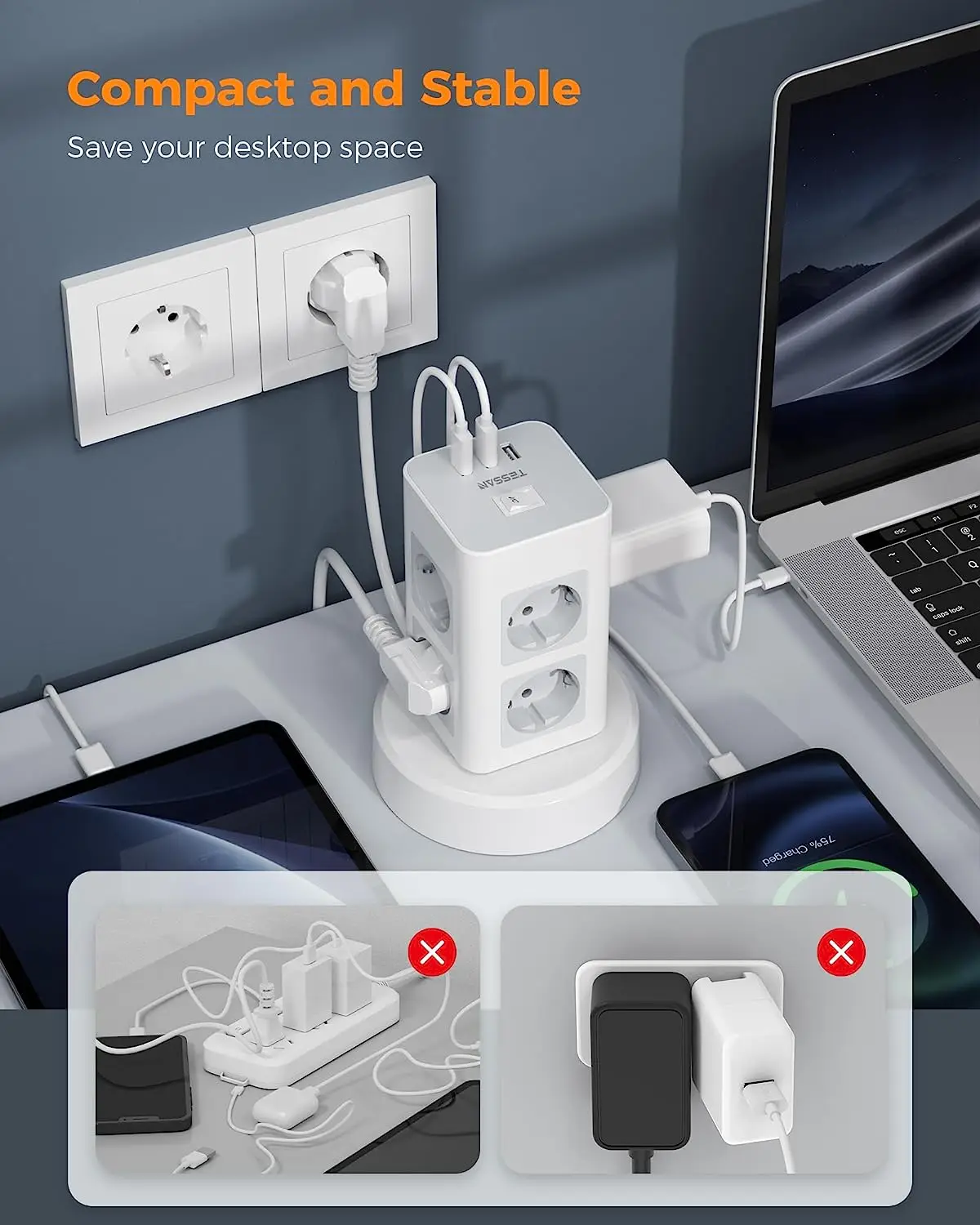 Tessan-faixa de Alimentação Vertical com Usb Cabo de Extensão Retrátil Torre de Plugue ue Soquete Elétrico 2m - Image 3
