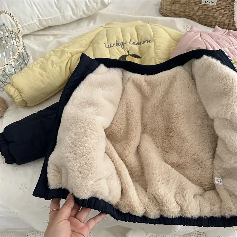 Kids Girls Warm Fleece Coat Embroidery Cartoon Print Long Sleeve Faux Rabbit Fur Coat 1-6Y Girls Boys Winter Fall Tops Jackets