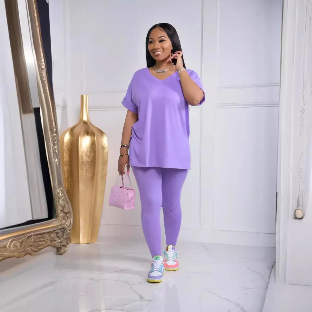 Solid V Neck Casual Loose Long Pant Set 2024 Summer 2 Two Pcs Sets Casual Tracksuits Street Outfits -- Color : Ivory - Size : XL